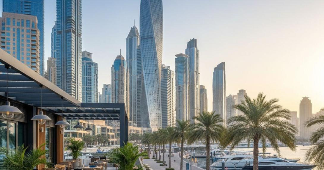 Eye-level view of Dubai Marina with the twisting Cayan Tower, modern glass towers, and a coworking-style cafe terrace in the foreground