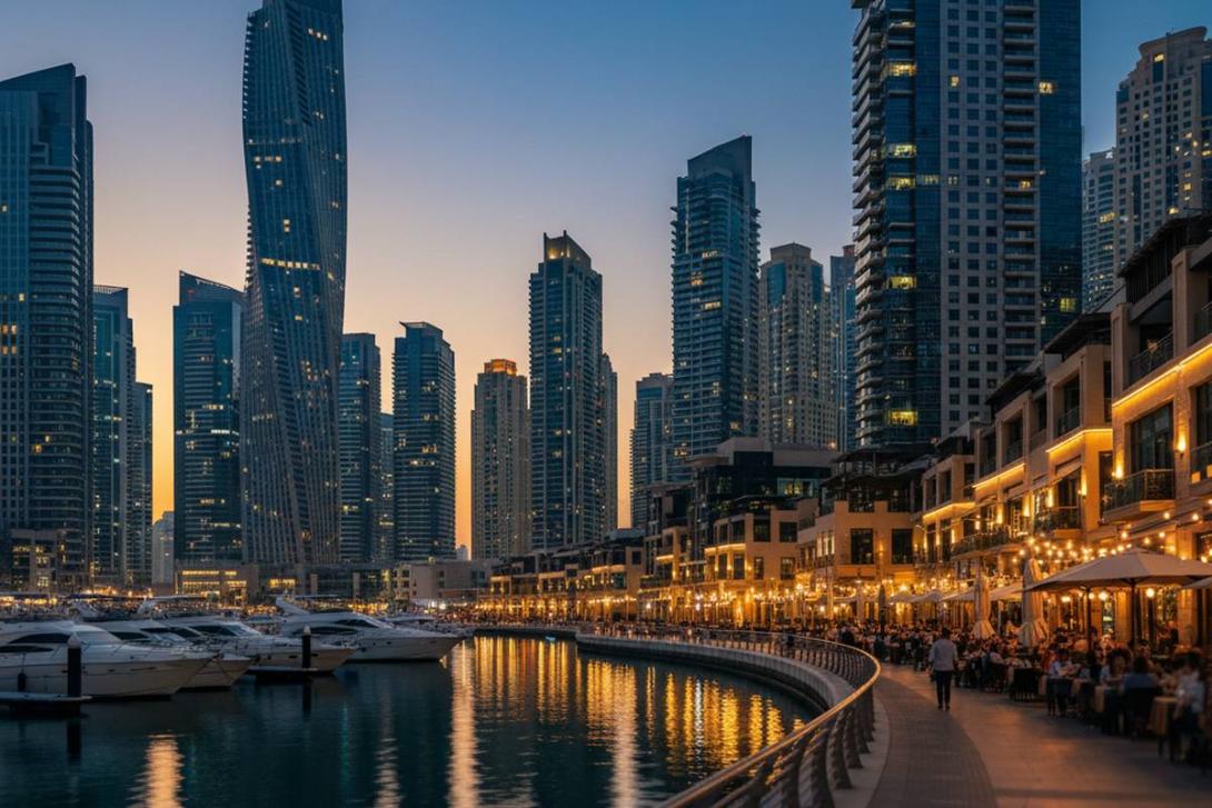 Dubai Marina Walk at dusk: illuminated restaurant terraces glow along the canal as moored yachts and the curved Cayan Tower reflect on the water