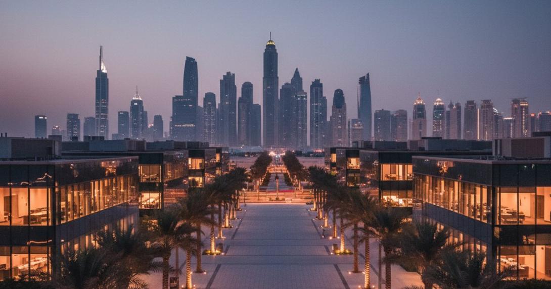 Dubai Media City at evening with low-rise glass-fronted office buildings glowing warm interior light, a wide pedestrian plaza with palm trees, and the Dubai Marina skyline in the background