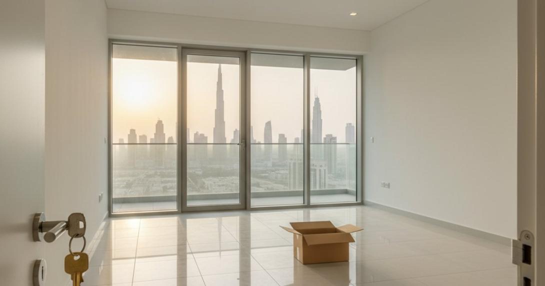 Empty modern Dubai apartment freshly handed over — polished tile floor, floor-to-ceiling windows showing the Burj Khalifa and Dubai skyline at golden hour, a single moving box on the floor, brass keys hanging from the door lock in the foreground.