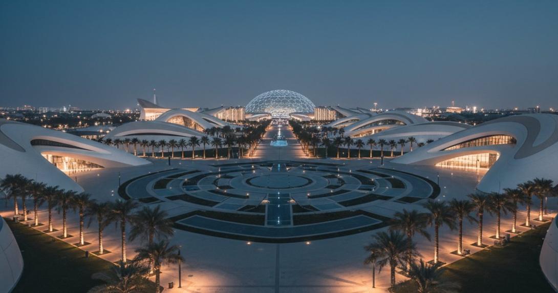 Expo City Dubai pavilions complex at evening with futuristic curving white-and-tan architectural pavilions, palm-lined walkways, and the Al Wasl Plaza dome silhouette in the background