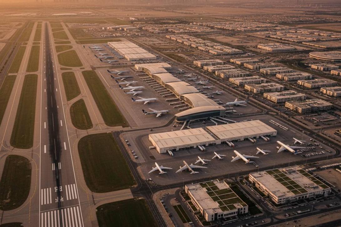 Aerial view of Al Maktoum International Airport and the Dubai South aerotropolis at golden hour with parallel runways, terminals, and cargo apron