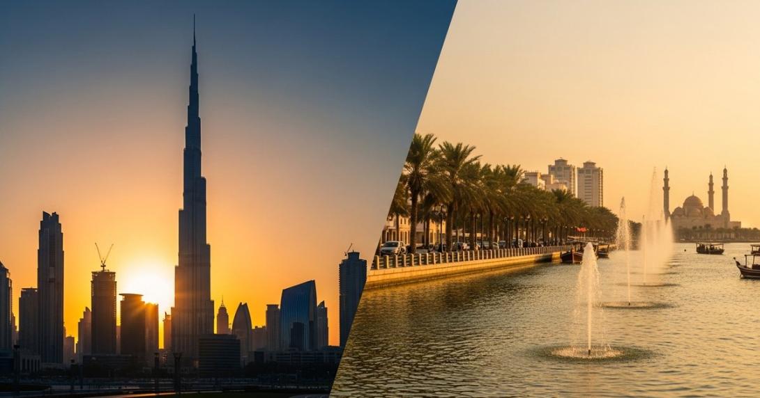 Dubai skyline with Burj Khalifa at sunset contrasted with the Sharjah Al Majaz waterfront and Khalid Lagoon.