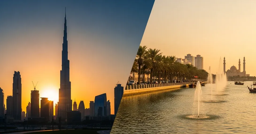 Dubai skyline with Burj Khalifa at sunset contrasted with Sharjah Al Majaz waterfront and Khalid Lagoon