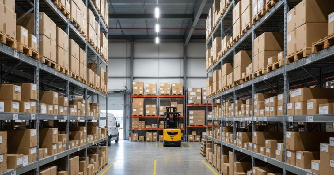 Modern e-commerce fulfilment centre with neatly stacked plain brown cardboard boxes on warehouse shelving, a forklift in the background, and a loading bay with a delivery van silhouette