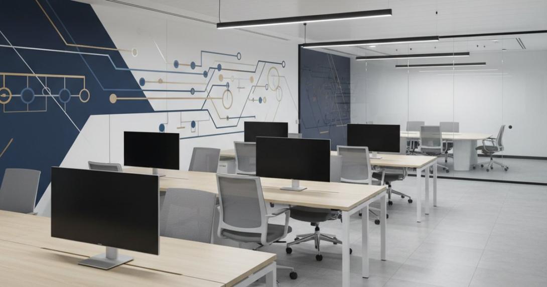 Modern UAE office HR department interior with rows of empty desks, a glass meeting room, and a stylised abstract organisational chart on the wall