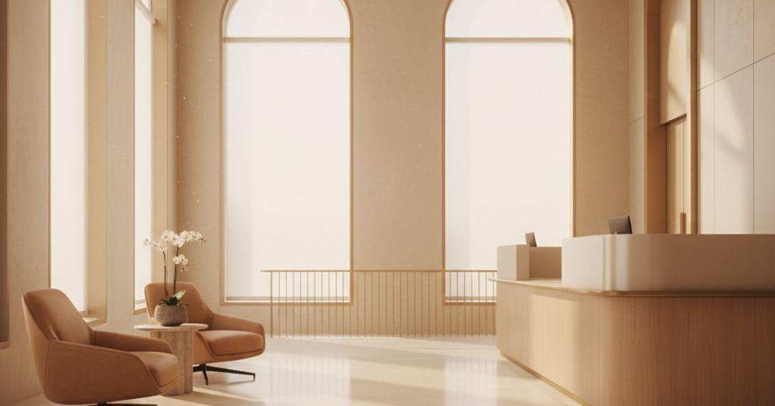 Quiet modern UAE bank-branch lobby at late morning with cream marble floor, pale-wood and brushed-brass curved customer counter, two leather armchairs, a stone planter with a single white orchid and tall arched windows pouring soft daylight