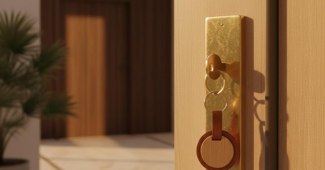 Cinematic close-up of a single brass key inserted into the lock of an elegant pale-oak front door of a UAE villa at golden hour with a leather keyring and small wooden tag, soft warm interior light spilling through the slightly ajar door
