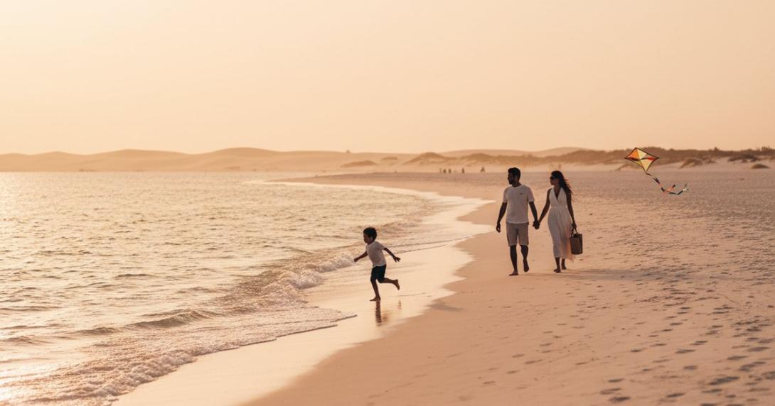 Silhouettes of an expat family of four walking on a Saadiyat-style white-sand UAE beach at golden hour, the youngest child running ahead toward the Arabian Gulf
