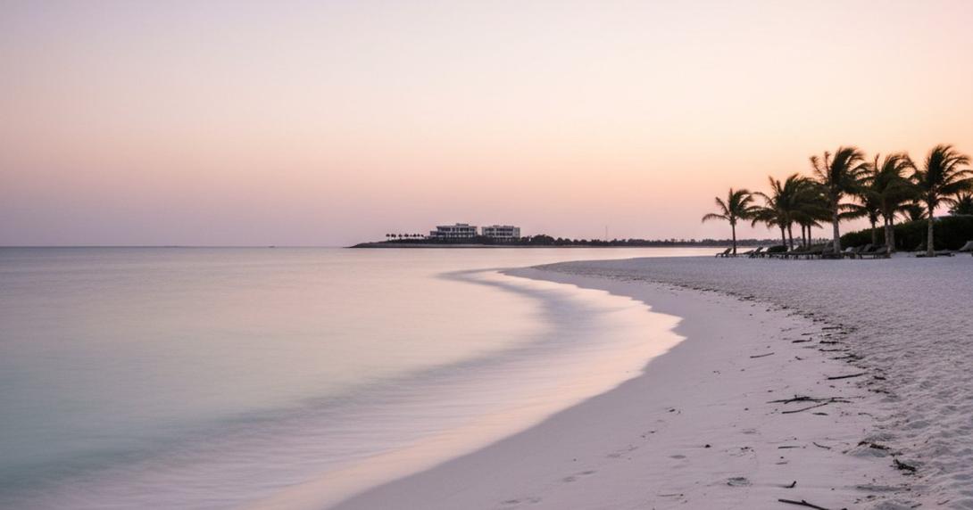 Wide ground-level view of a calm Saadiyat-style Abu Dhabi beach at early evening with white sand, gentle Arabian Gulf surf, and a coastal headland in the distance
