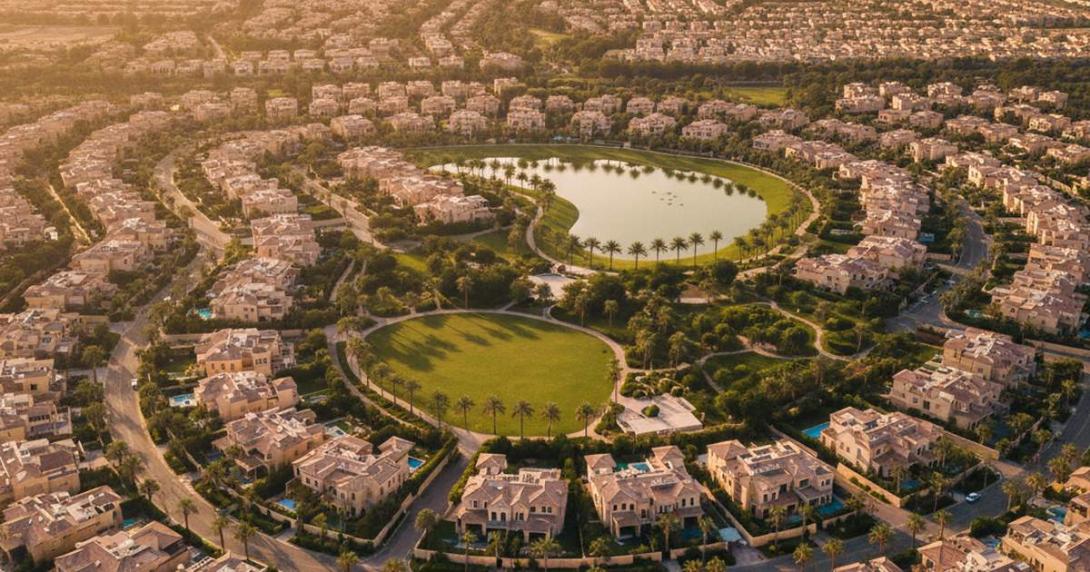 Aerial view of a master-planned Dubai family villa community at golden hour with terracotta-tiled roofs, palm-lined streets, a community park and lake, and the Burj Khalifa silhouetted in the deep distance