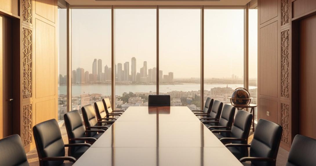 Private wealth management boardroom in Abu Dhabi at golden hour with a polished mahogany table, leather executive chairs, geometric Arab-Islamic wall panelling, and the Corniche skyline through the windows