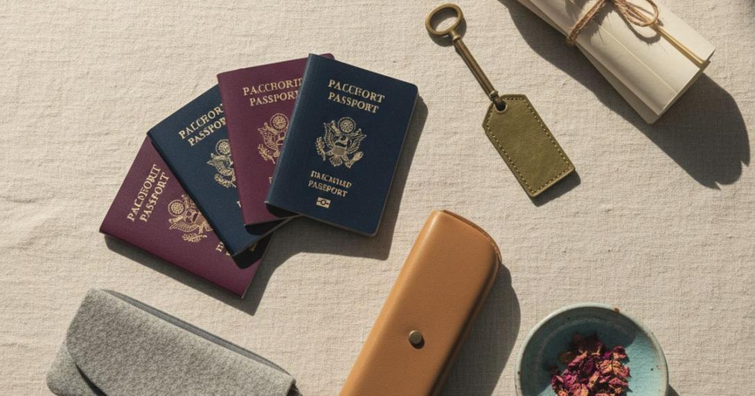 Conceptual editorial overhead photograph on linen of four generic-cover passports fanned diagonally, a small stack of certificate papers tied with string, a brass house key with a green tag, two reading-glasses cases and a ceramic dish with dried rose petals