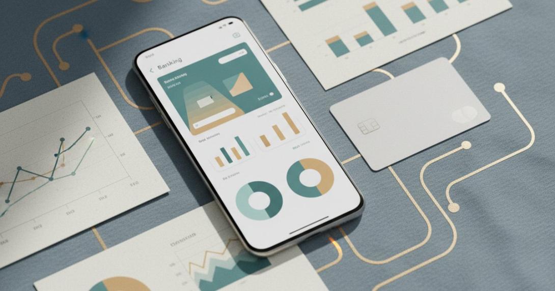 Conceptual fintech editorial flat-lay with a smartphone showing a generic banking app, a contactless card, network-line graphics in muted gold, and bar-chart printouts on soft grey-blue surface
