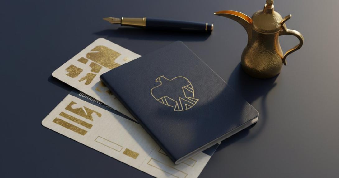 Editorial flat-lay of a generic UAE-style passport, gold-coloured visa-stamped page, fountain pen, and dallah coffee pot on dark navy