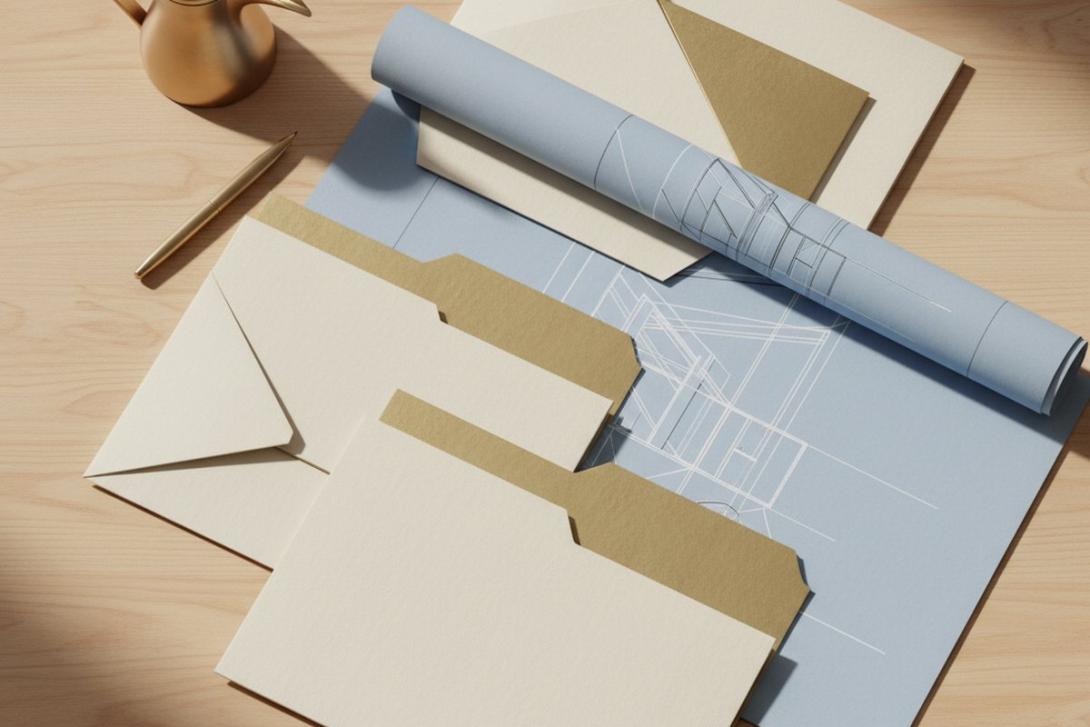 Editorial flat-lay of folders, blueprint sketch, fountain pen, and Arabic coffee dallah on a clean wooden desk
