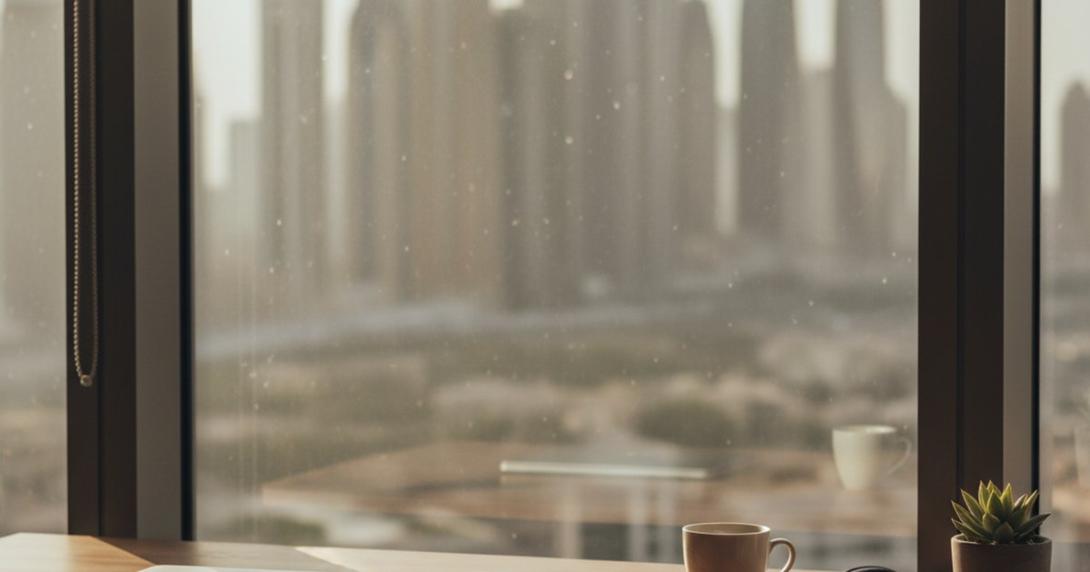 Eye-level view of a Dubai-style coworking corner at late morning with an empty desk, closed laptop, leather notebook, fountain pen, white ceramic coffee cup and over-ear headphones, by a window with bokeh of distant Marina towers