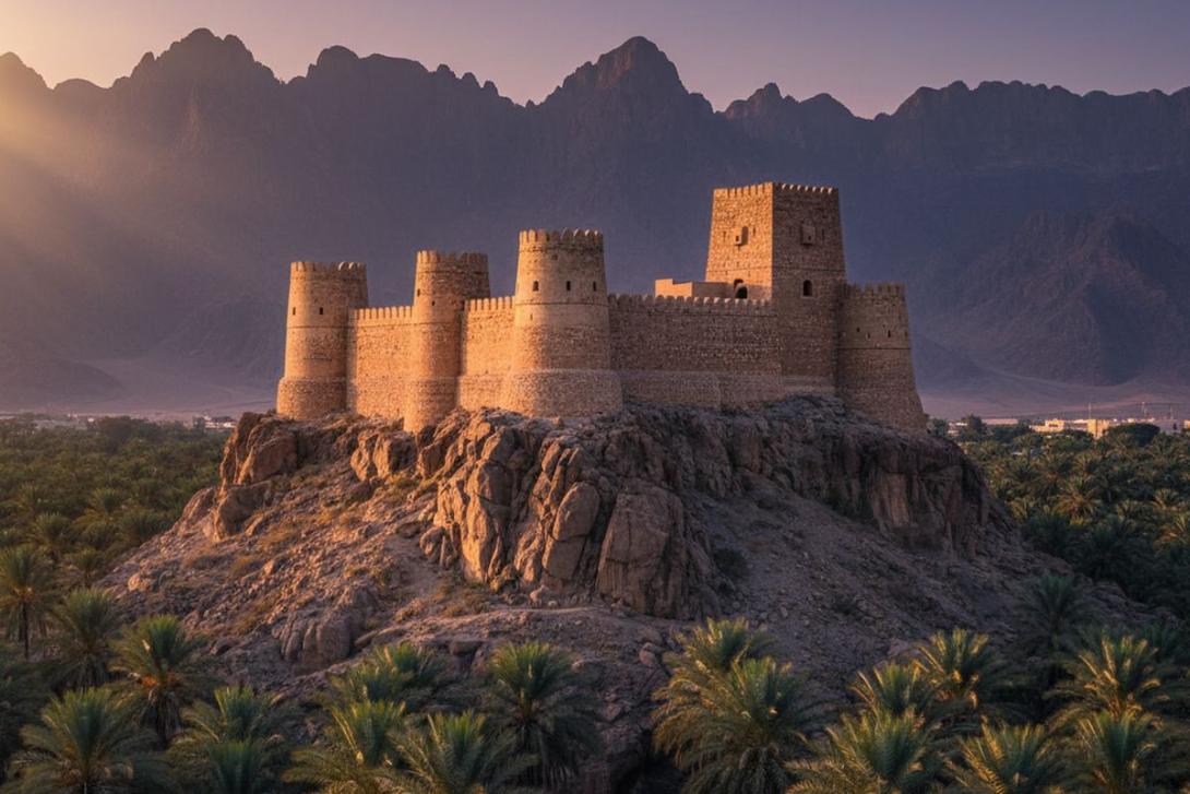 Fujairah Fort at sunset: an old restored sandstone fort with three round corner towers and one square tower rising above thick crenellated curtain walls in warm tan and ochre stone, perched on a rocky hill above date palm groves with the rugged eastern Hajar Mountains rising in the deep background
