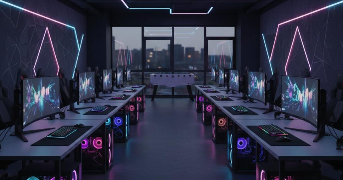Modern gaming studio interior at evening with empty gaming desks, curved monitors, mechanical keyboards, RGB backlighting, and abstract digital-art wall panels