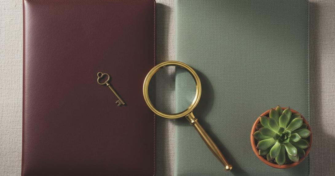 Editorial overhead split-composition on linen of a deep-burgundy leather document folder with a brass key on the left and a sage-green folder with a terracotta-pot succulent on the right, with a brushed-brass magnifying glass laid centrally between them