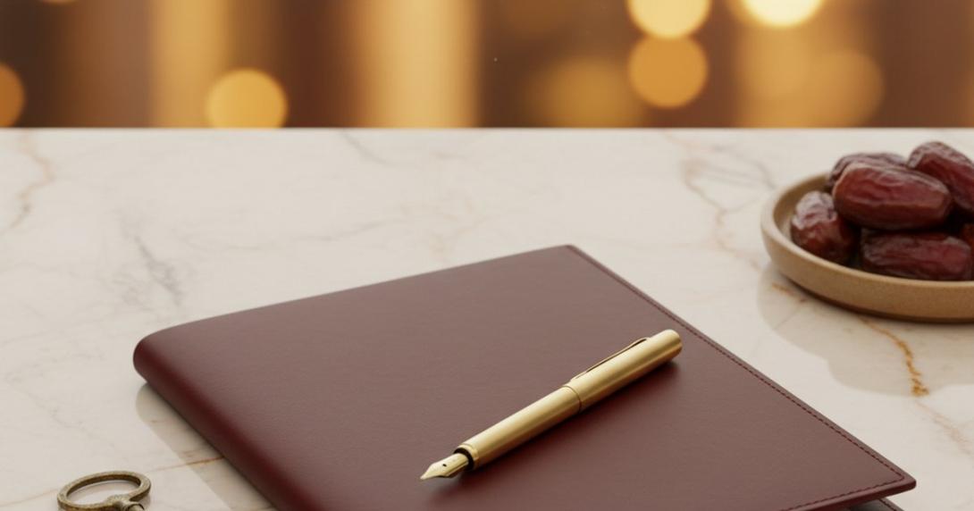 Editorial luxury still-life on cream marble with a deep-burgundy leather document folder, brushed-gold fountain pen, brass key and a small dish of dates, with bokeh of a distant city skyline at golden hour