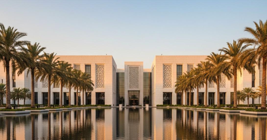 Modern Abu Dhabi government building exterior at golden hour with a contemporary white-stone facade and a wide reflecting pool