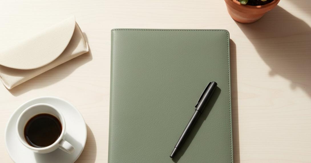Editorial flat-lay on pale ash wood of a sage-green leather document folder, slim matte-black fountain pen, terracotta-pot succulent, folded reading-glasses case and a white ceramic coffee cup
