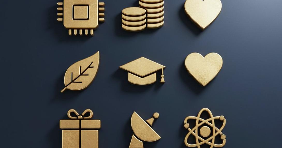 Editorial flat-lay of eight stylised sector icons on a deep navy-blue surface