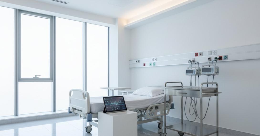 Modern Dubai hospital ward interior with clean white walls, polished floor, modern medical equipment, and a tablet showing a generic abstract patient-data interface