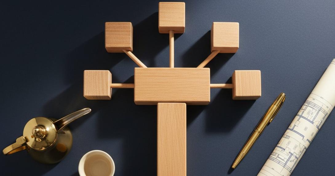 Conceptual flat-lay on deep navy of wooden block boxes connected to suggest a corporate holding-company tree structure, with a fountain pen, blueprint, and dallah coffee pot