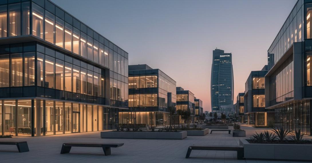 Modern ADGM Square plaza on Al Maryah Island in Abu Dhabi at evening with low-rise office buildings glowing warm interior light