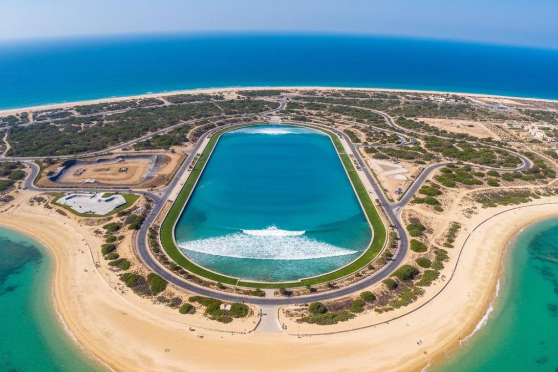 Aerial view of Hudayriyat Island in Abu Dhabi at midday: a sandy beach curves along the Arabian Gulf with the rectangular blue oval of an artificial surf-park lagoon visible inland, surrounded by paved cycle paths winding through coastal scrubland