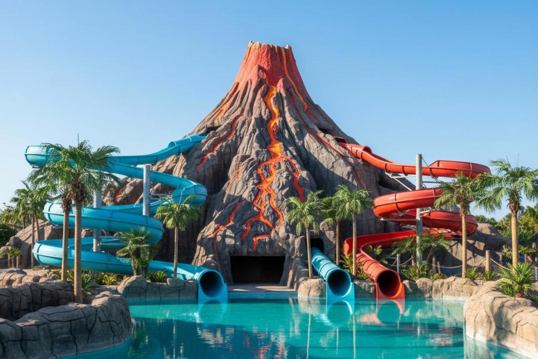 Iceland Water Park in Ras Al Khaimah: a large artificial volcano centrepiece in fibreglass-and-stone with simulated black-and-red lava streaks, with several enclosed water-slide tubes (blue, turquoise, red) winding down its sides into a turquoise pool below