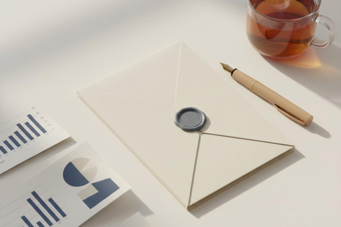 Editorial flat-lay of an insurance policy folder, fountain pen, and abstract bar-chart printouts on a cream surface