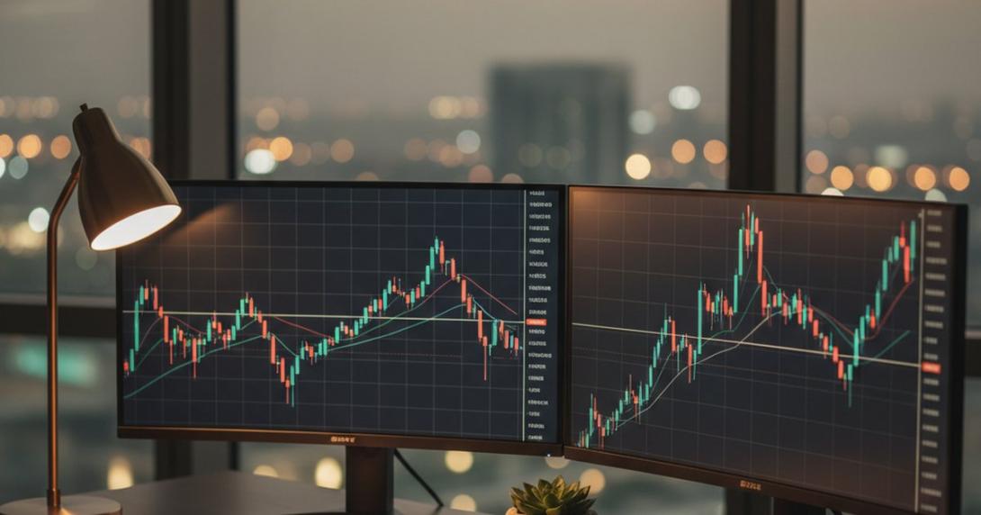 Eye-level editorial view of a calm Dubai apartment trading desk at evening with two sleek dark-bezel curved monitors showing soft-glow abstract candlestick chart shapes, a brushed-brass desk lamp, a leather-bound notebook with a fountain pen, a small succulent in a stone planter and a white ceramic espresso cup