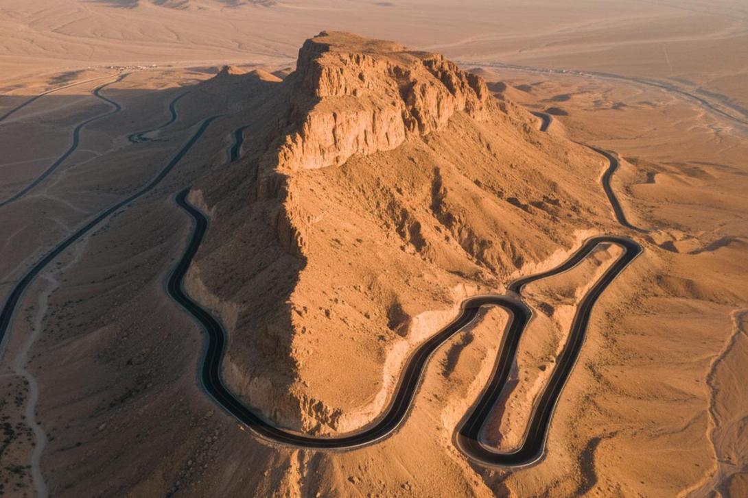Aerial view of the Jebel Hafeet mountain road in Al Ain at golden hour: a smooth black tarmac road snakes through dramatic switchbacks down the side of an isolated limestone massif rising abruptly from the flat desert below, warm orange and ochre rocky cliffs catching the late-afternoon light