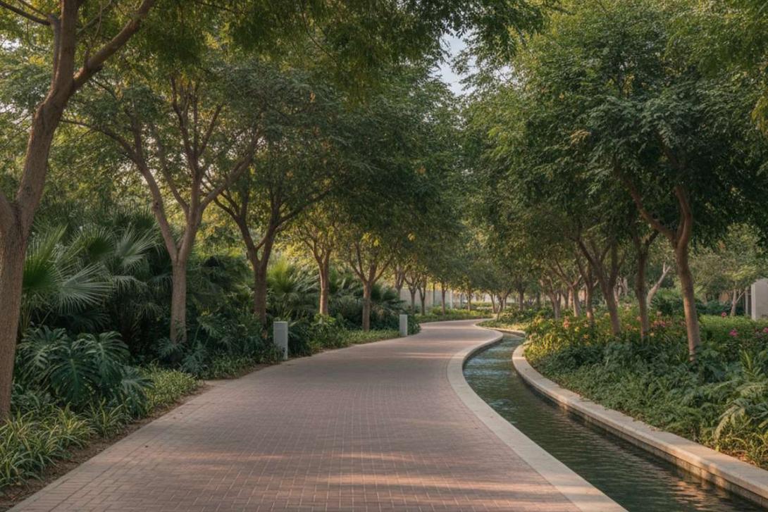 Shaded paved running path curving through the dense mature trees and ornamental shrubs of Khalifa Park in Abu Dhabi, with a small ornamental canal visible to the right and dappled morning sunlight filtering through the canopy