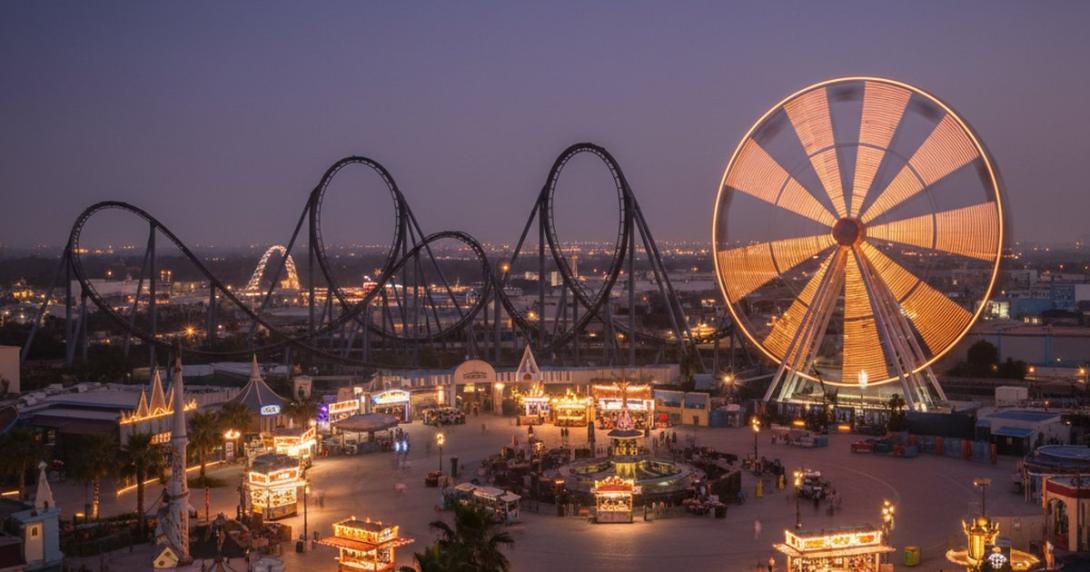 Twilight view of a Yas-Island-style theme park with a looping steel roller coaster silhouette, an illuminated Ferris wheel with motion-trail lights, and a glowing central plaza