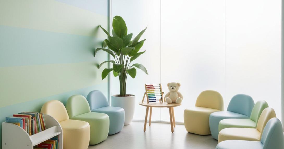 Empty modern paediatric clinic waiting area in the UAE with pastel mint-and-blue walls, low rounded child-sized chairs, a bookshelf and a plush bear on a low table