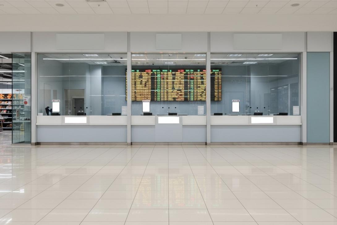 Clean exchange-house counter inside a hypermarket retail concourse