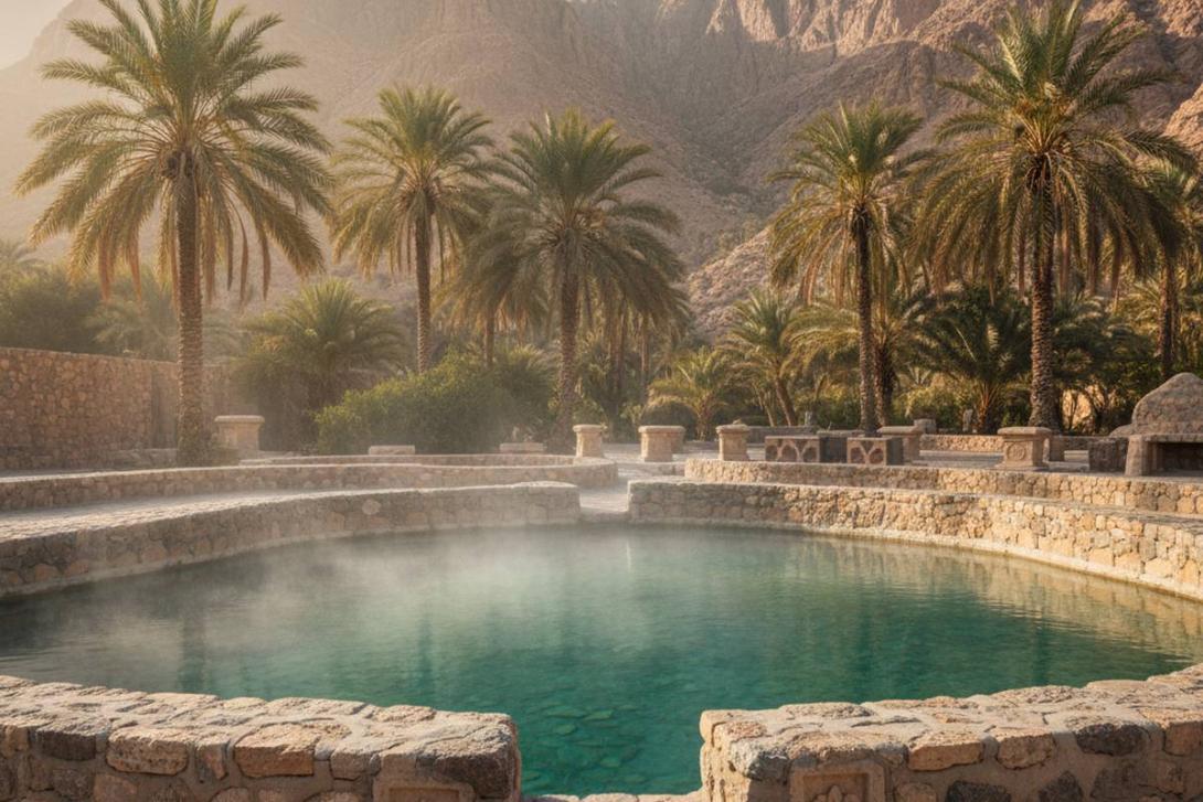 Stone-walled traditional bath-pool fed by a natural mineral spring at Ain Al Madhab, Fujairah: clear water steaming subtly with mineral haze, surrounded by mature date palms and traditional carved stone walls, with the rugged tan Hajar Mountains rising behind