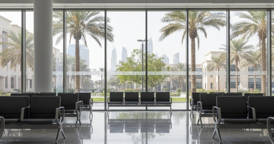 Modern Department of Economic Development waiting hall in Dubai with marble floor, rows of leather chairs, and a queue display screen