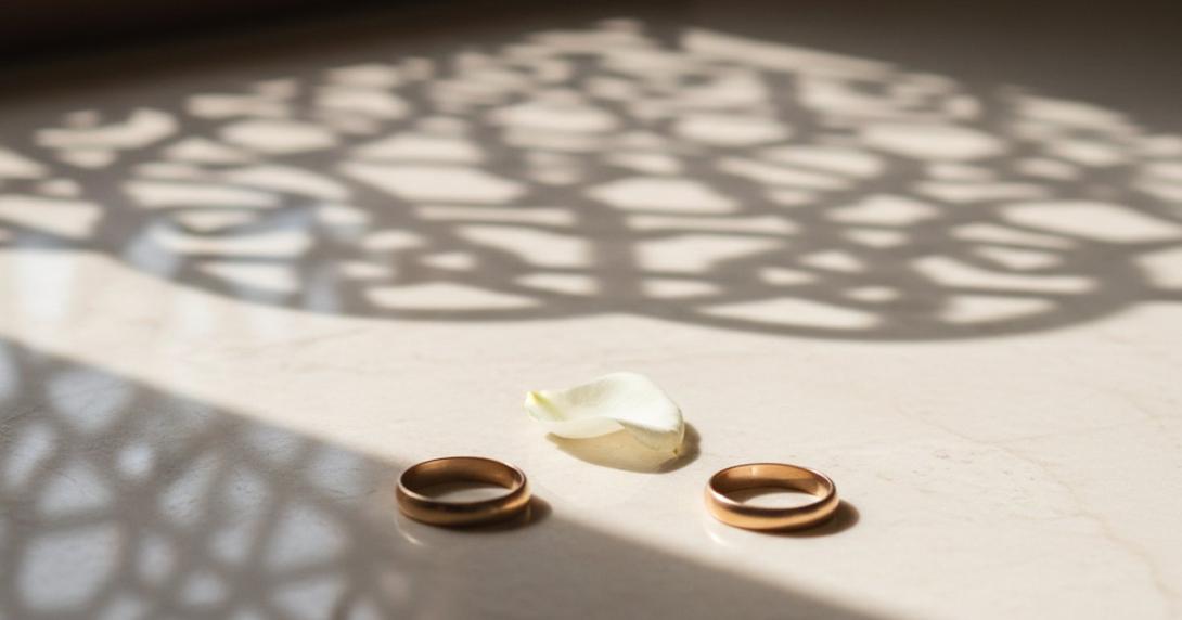 Quiet editorial still-life on cream marble of two simple matte-gold wedding bands set apart with the geometric shadow of an Arabic mashrabiya wooden lattice cast across the surface and a single white-cream rose petal between them