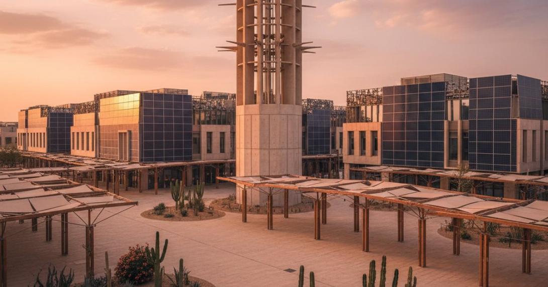 Masdar City in Abu Dhabi at golden hour with the iconic windcatcher tower, integrated solar panels, and pedestrian plaza with shaded walkways and desert plants