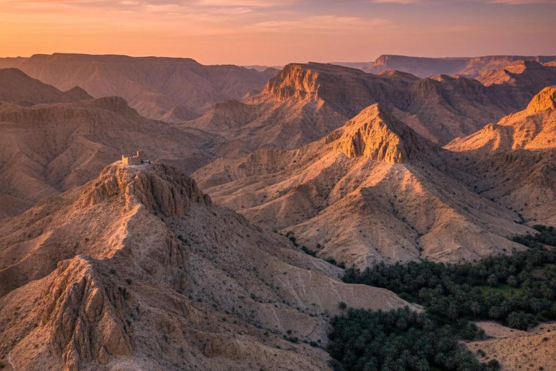 Sweeping landscape of the Hajar Mountains around Masfout in Ajman at sunset: stark sun-warmed beige and ochre limestone cliffs and ridges with deep V-shaped valleys, a small traditional hilltop fort silhouetted on a rocky outcrop and date-palm groves on the valley floor