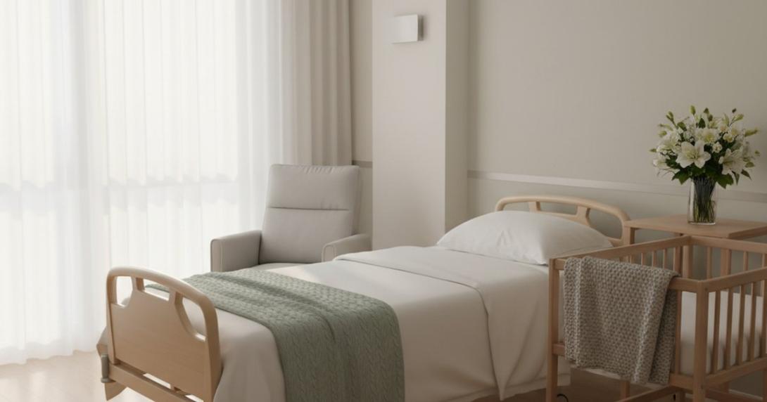 Quiet modern UAE hospital maternity room in soft morning light with a single bed, wooden bassinet, fresh flowers on a side table, and a recliner chair
