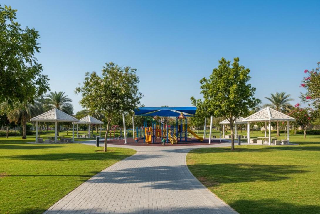 Mushrif Central Park in Abu Dhabi: a wide paved family path winds between large grass picnic lawns and clusters of shade gazebos, with a colourful children's playground mid-frame under mature shade trees