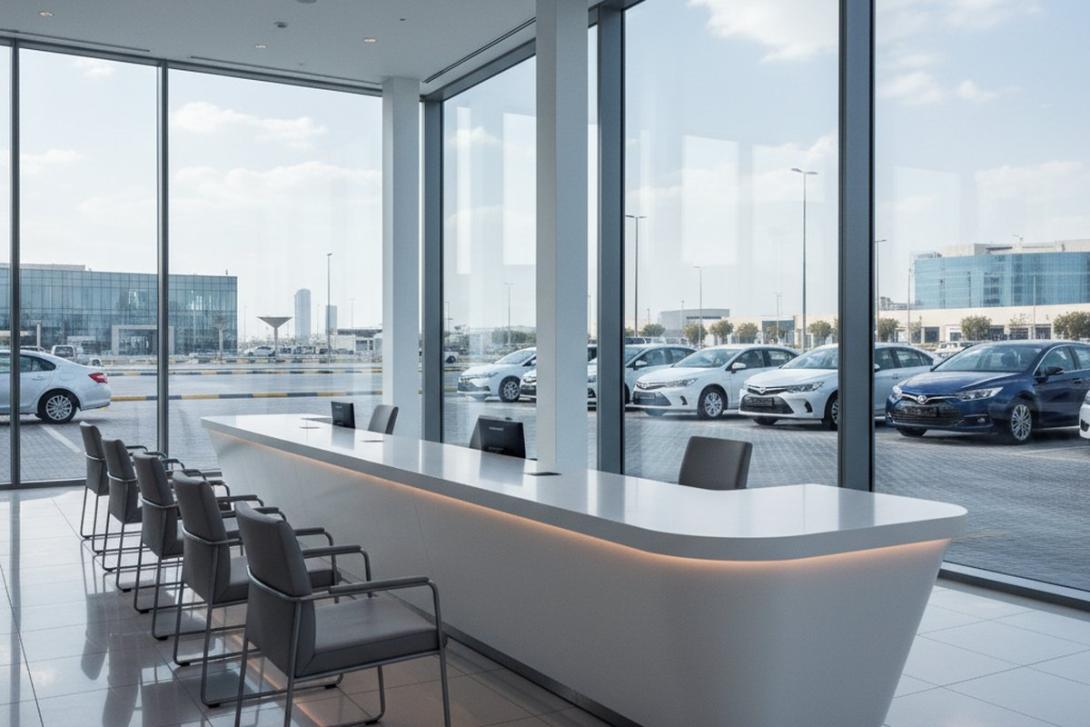Modern Dubai car-dealership service counter with floor-to-ceiling windows showing parked cars