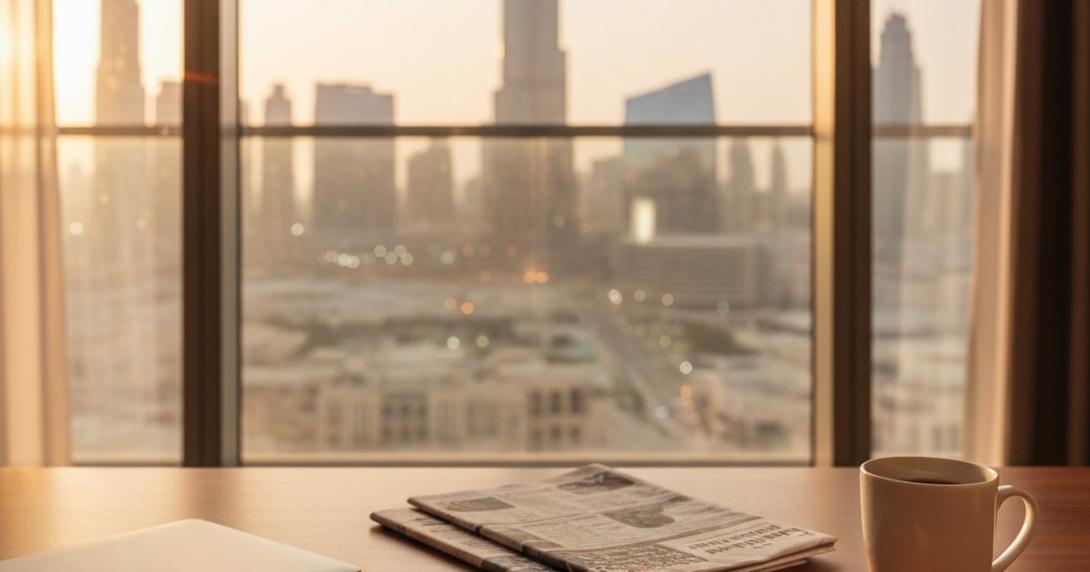 Wide editorial view at golden hour from inside a Dubai apartment with a polished walnut desk holding a slim laptop, leather notebook, brass fountain pen, white ceramic mug and a small bowl of dates, with the Burj Khalifa silhouette visible through floor-to-ceiling windows