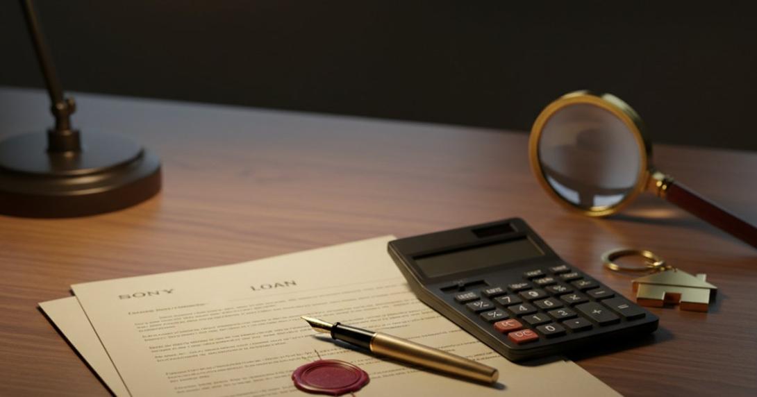 Editorial conceptual still-life on polished walnut of a stack of formal loan-document papers with a deep-red wax seal, a sleek matte-black calculator, a fountain pen with a brushed-brass nib, a small brass house-shaped keyring and a brass magnifying glass